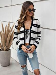 HOMEYEE Black & White Contrast Striped V-Neck Tie-Front Hollow Knit Cardigan Women's Ruffle Hem Flare Sleeve Short Slim Fit Sun Protection Jacket - Black - View 4