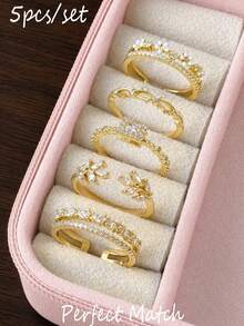 5件裝優雅奢華花卉葉片幾何銅鑲嵌立方鋯石戒指，適合派對、婚禮、日常配戴 - 金色 - 查看 1