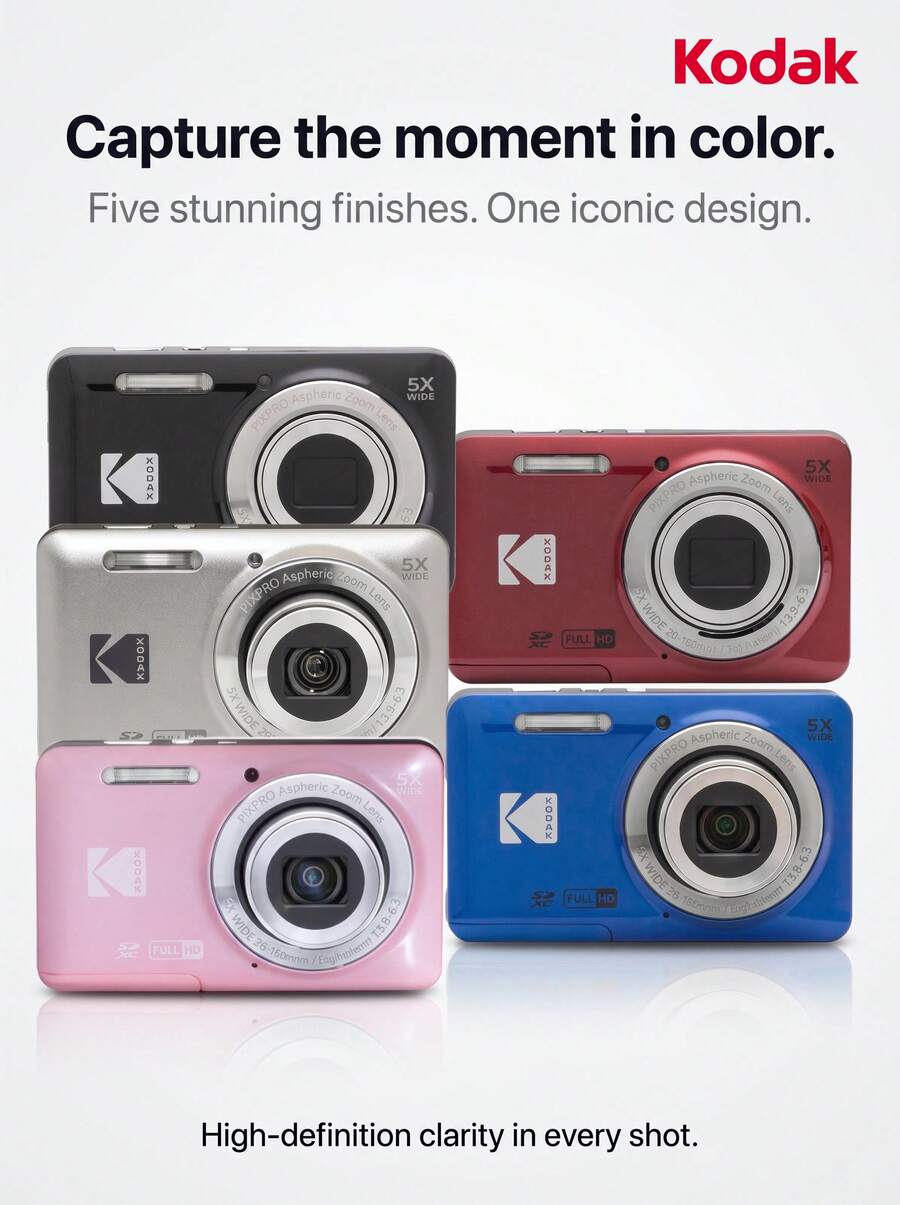 Kodak FZ55 Digital Camera: Entry-Level Compact Point-And-Shoot Camera For Home Use, 16.35MP Resolution, 28mm Wide-Angle Lens, 5x Zoom, 1080p Video Recording, 2.7-Inch Screen, Scene Modes, Portable For Home And Travel Use.