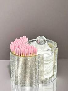 Connected Sparkling Diamond Storage Box, Desktop Makeup Organizer With Two Round Compartments For Brushes-Cosmetics Storage Box-Dual-Compartment Design-Modern Vanity Storage Box With Lid, Ideal For Storing Makeup Brushes And Beauty Tools - Multicolor - View 6