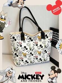 Miniso Disney Mickey And Friends Canvas Tote Bag With All-Over Cartoon Character Print Shoulder Bag With Handles For Daily Use - Black - View 2