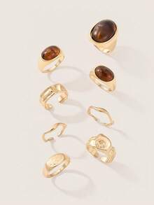 Valisandre 8pcs Vintage Geometric Jade Inlaid Ring Set, Women's Chunky Metal Gold Color Rings - Yellow Gold - View 4