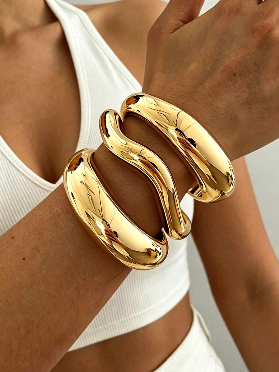 3/1pc Set Vintage Exaggerated Bohemian Style Wide Wave & Geometric Shape CCB Material Gold-Tone Open Bangle Bracelet For Women, Spring/Summer Daily, Party, Beach, Vacation, Gift Jewelry - Gold - View 1