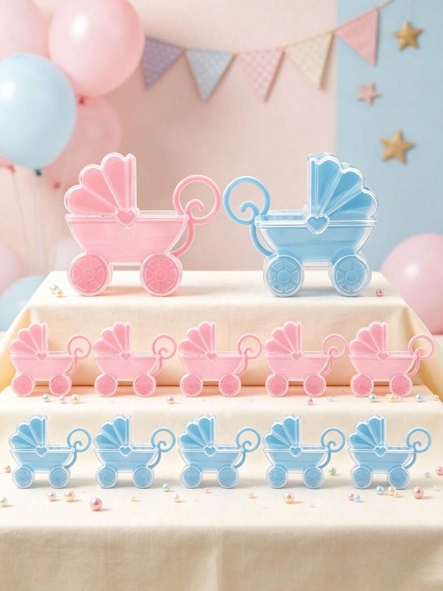 6/12pcs Baby Shower Gift Box Set, Pink And Blue Baby Cradle Cart Packaging Box, Gender Reveal Party Table Decor, Party Favors, Party Supplies - Multicolor - View 1