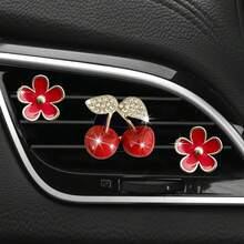 3/5pcs Open Daisy Alloy Car Air Vent Decor With Rhinestone Cherry, Small Clear Interior Decoration For Car AC Outlet, Automotive Interior Ornament - A - View 8