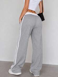 Women's Casual Contrast Color Belt, Digital Print Design, Side Stripe, Straight Leg Pants, Suitable For All Seasons, Can Be Used As Gift, Holiday Wear. 1pc - Grey - View 2