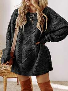 Acelitt Plus Size Women's Solid Color Knit Texture Cold Shoulder Plus Size Sweater Dress, Autumn/Winter - Black - View 1