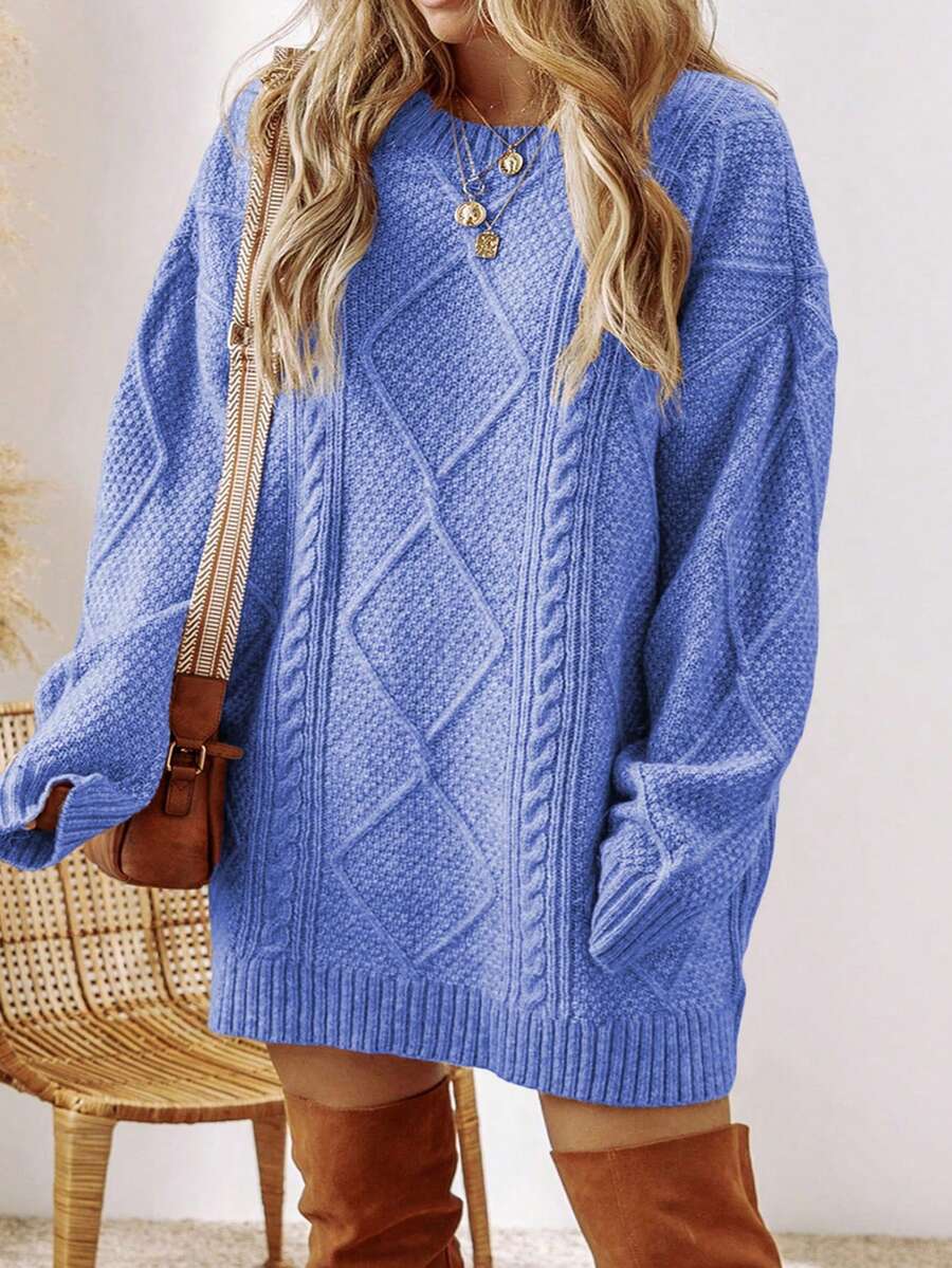Acelitt Autumn/Winter Plus Size Women's Solid Color Knit Textured Cold Shoulder Plus Size Sweater Dress - Dusty Blue - View 1