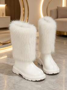 1 Pair Girls' Faux Fur High-Top Snow Boots, Solid Color PU Material, Round Toe, Elastic Soft Sole, Back Zipper Design, Fashion Princess Style, Warm Lining, Suitable For Daily Outdoor Wear, Autumn/Winter New Arrival - Beige - View 6
