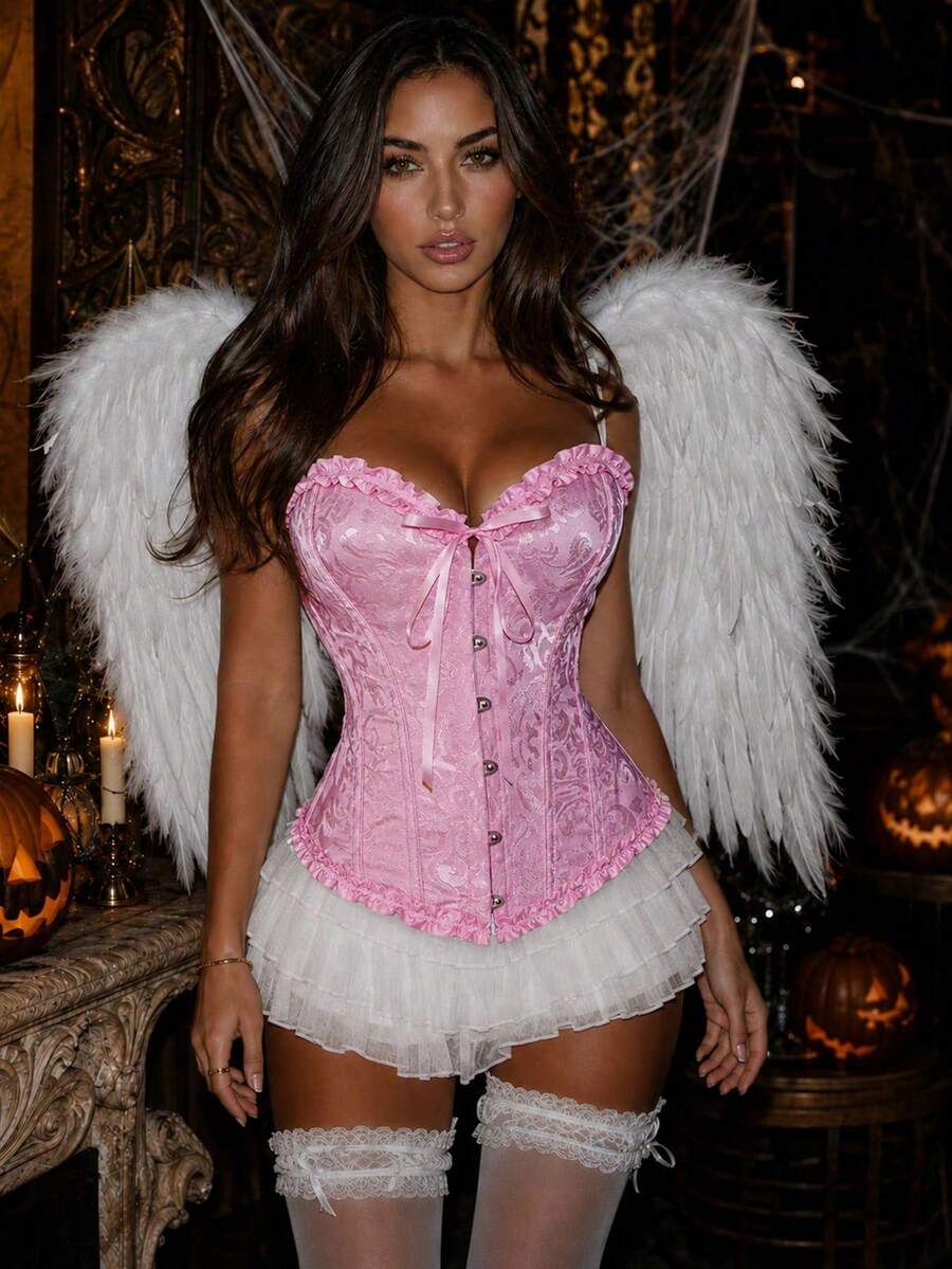 Jacquard Front Hook-And-Eye Back Lace-Up Corset With Thong, Valentine's Day Rave Music Festival Pink Elegant Fall - Pink - View 1
