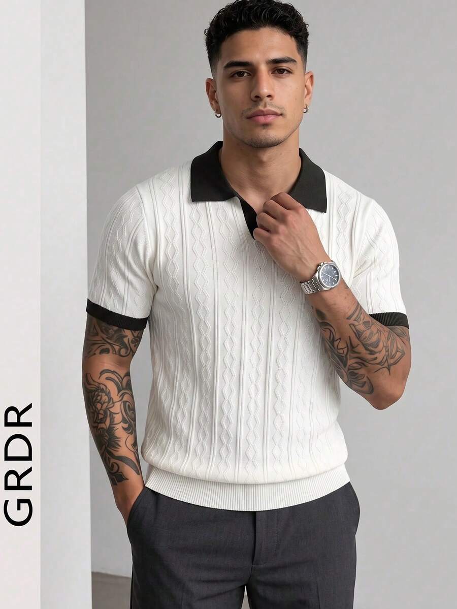 GRDR Men's Lightweight Seagull Collar Solid Color Short Sleeve Knit Sweater, Suitable For Summer Outings, Essential For Fashionable Styling