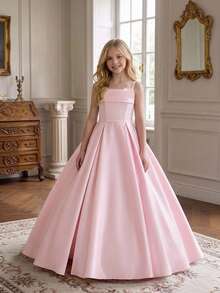 Tween Girls Solid Color Spaghetti Strap Backless Tie-Back Satin Elegant Flower Girl Evening Dress Suitable For Party, Headband Not Included - Dusty Pink - View 3