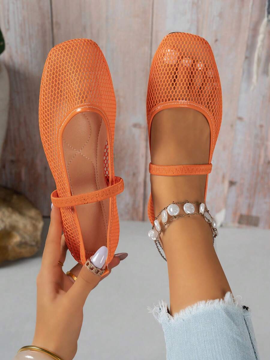 Square Toe Mesh Hollow Out Elastic Strap Mary Jane Flat Breathable Thin Ballet Style Shoes - Orange - View 1