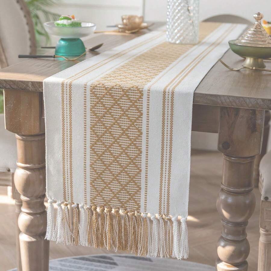 1pc Bohemian Style Hollow Table Runner With Dual-Color Tassel Fringe, Suitable For Wedding, Restaurant, Living Room, Family Gathering, Party, Dinner Table Decoration, Washable And Reusable - Khaki - View 1