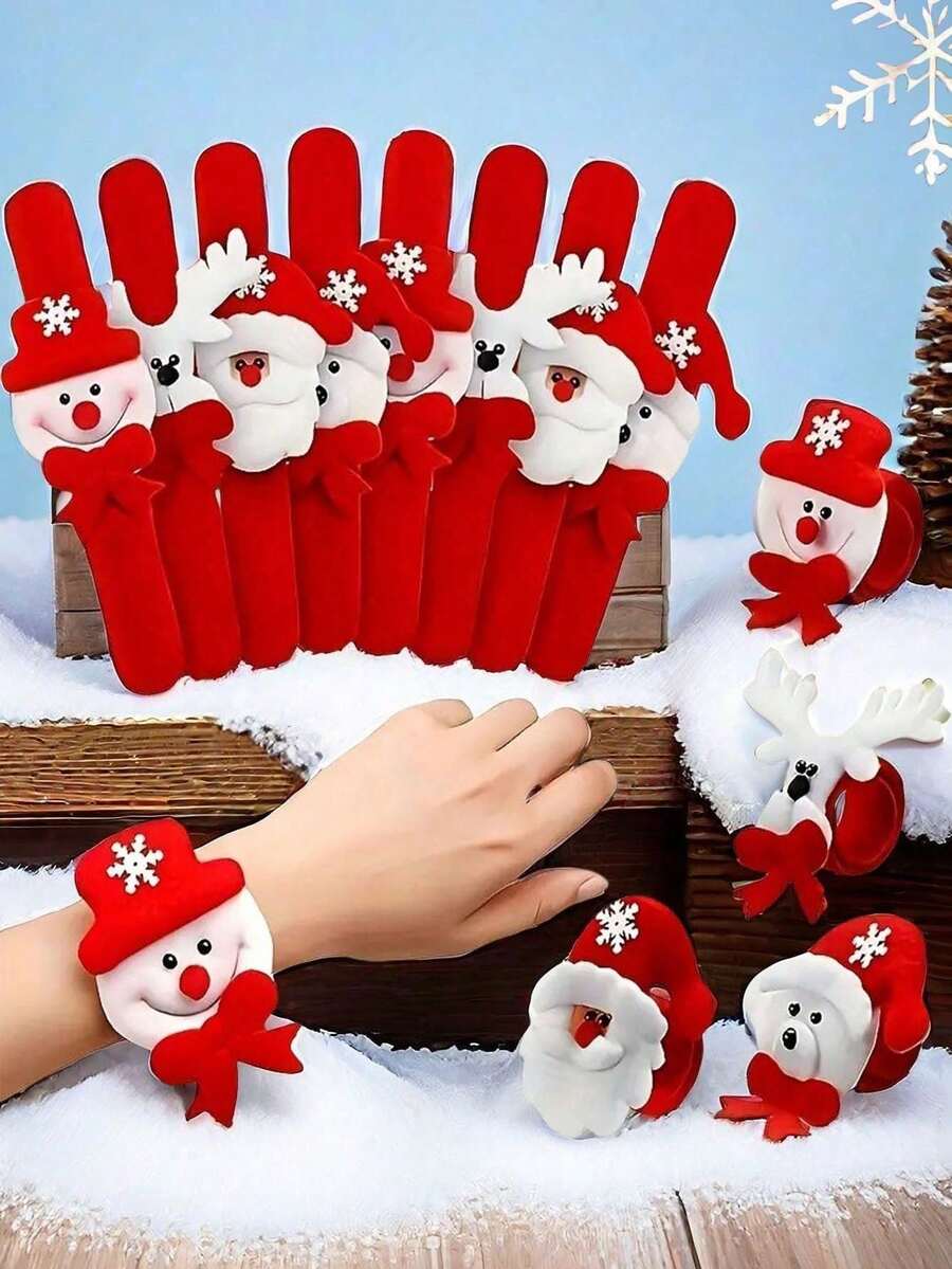 10 st julklappande handklappare med jultema, med mönster av jultomte, snögubbe och ren, lämpliga för juldekoration och tillbehör, perfekta för julpartyn och presentutbyte, passar alla - Slumpmässig leverans - Visa 1