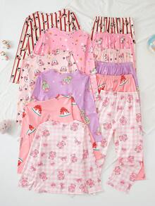 6 Sets Send 1 Set Random Floral Pattern Girls Pajama Set Long Sleeve Long Pants Spring Autumn Casual Homewear All-Over Print Set - Multicolor - View 2