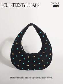 Black PU Tie-Dye Vintage Crescent Moon Underarm Bag, Personalized Rivet Turquoise Inlaid Embellished Shoulder Bag, Shopping Bag (Mottled Marks Are Tie-Dye Craft, Not Defects) - Black - View 9