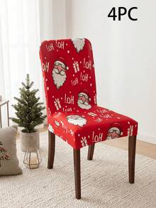 Christmas Print Elastic Dining Chair Cover, Santa Claus & Snowflake Pattern Stretchable Removable Chair Slipcover, Washable Furniture Protector, Christmas Kitchen & Dining Room Decor - Multicolor - View 11