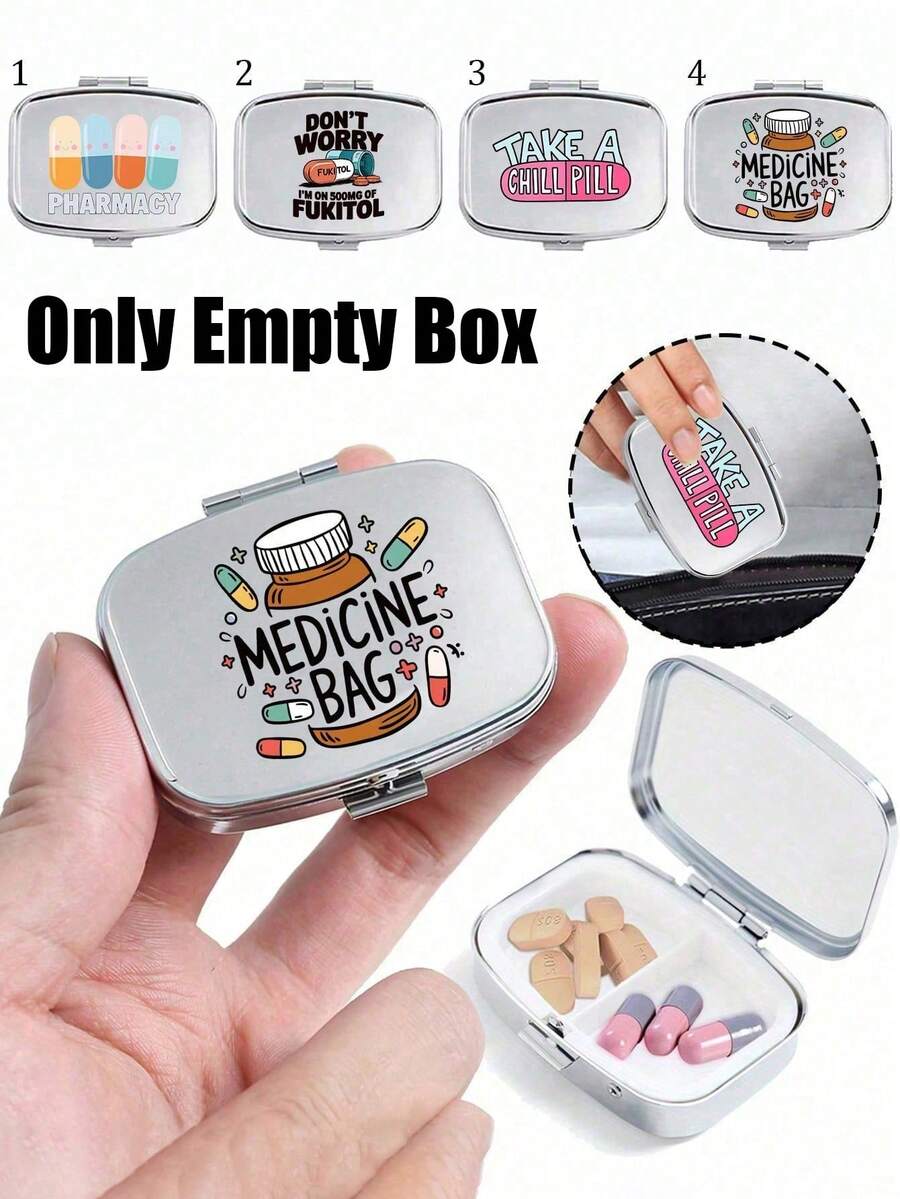Square Pill Box, Printed With Capsule, Tablet, Letter, Medicine Bottle Pattern, Portable Medication Storage Compartment, Mini Metal Storage Box, Portable Jewelry And Pill Box, Travel Pill Box, Large Capacity Compartment, Weekly Medication Organizer, Suitable For Daily Medication And Vitamins, Essential For Doctors And Nurses, Emergency Needs, Travel, Hiking Emergency Rescue, Personalized Creative Gift With Cartoon Logo, Only Empty Box