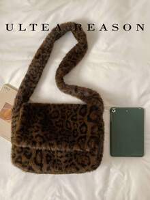 1pc Leopard Print Plush Shoulder Bag, Women's Vintage Casual Crossbody Bag, Autumn/Winter New Style, Top Handle, Suitable For Daily Use - Coffee - View 7