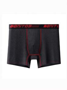 1pc Men's Mid-Length Boxer Briefs, Simple Contrast Color Line, BONITOS Letter Waistband, Mid-Waist Classic Shorts - Black - View 14