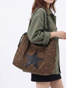 Modern-Style Brown Leopard-Print Drawstring Shoulder Bag With Knotted Straps And Clasp Charm Boho-Style Bag Featuring Star Applique And Ample Storage - Brown - View 3