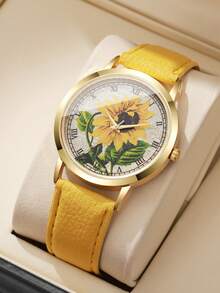 Women's Classic Elegant Solar Flower Dial Roman Numeral Fashion Casual Leather Strap Quartz Wrist Watch, 1 Pc/Set (Watch Box Not Included) - Yellow - View 7