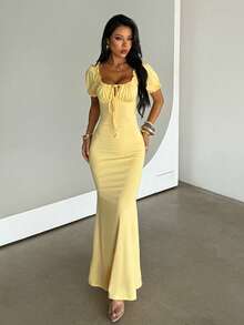 Women's Yellow Summer Dress, Puff Sleeve Strapless Elegant Gown, Suitable For Date Night, Party And Beach Vacation - Yellow - View 2