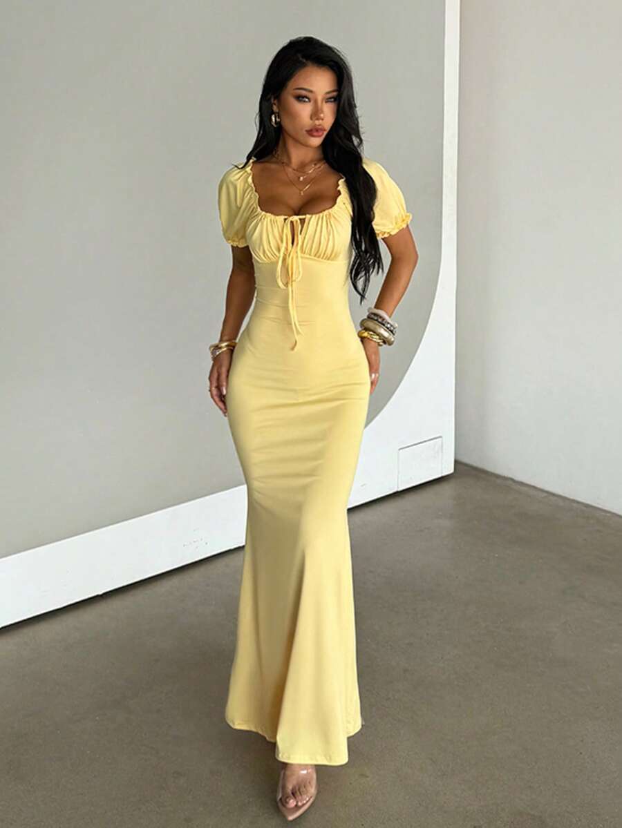 Women's Yellow Summer Dress, Puff Sleeve Strapless Elegant Gown, Suitable For Date Night, Party And Beach Vacation