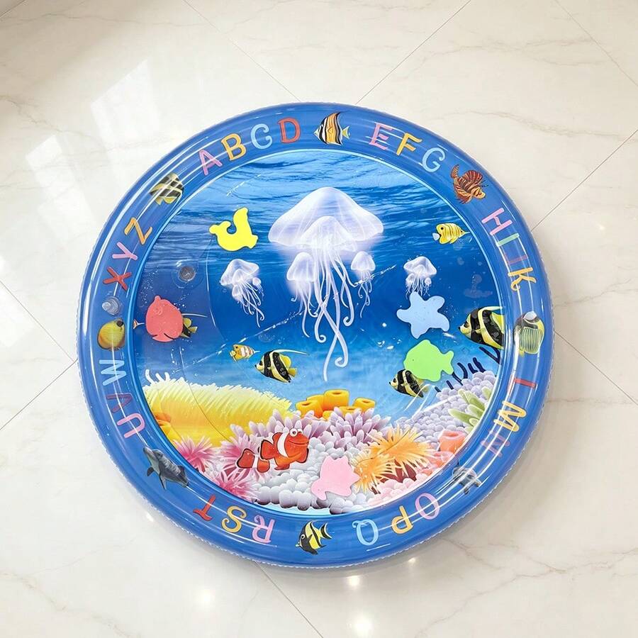 1件圓形水母水上遊戲墊,PVC材質,趴趴時間感官發展水上遊戲墊,兒童教育玩具禮物 - 藍色圓形水母 - 查看 1