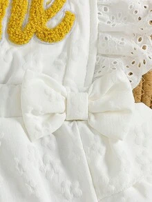 Baby Girl 2pcs Set Casual Cute Floral Pattern Letter Embroidery Ruffle Bow Decor Romper With Headband, Suitable For Daily Wear And Party - White - View 7