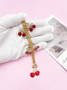 Charming Rhinestone Cherry Bag Charm, Fashionable Chain Strap Bag Accessory, Multiple Red Cherry Decor, Shoulder Bag Charm Chain, Backpack Pendant, Shopping Bag Charm, Suitable For Various Occasions, Cute Holiday Gift - Multicolor - View 7