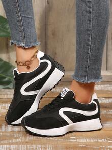 Black & White Colorblock Women's Thick Sole Platform Casual Sneakers, Lace-Up Versatile Retro German Trainer Shoes For Daily Commute - Black - View 2