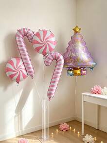 6pcs/Set Pink Christmas Tree Candy Cane Round Ball Balloon Set, Christmas Party Decoration Supplies, Themed Birthday Party Decor, Holiday Photo Props, Christmas Decorative Balloons - Christmas - View 8