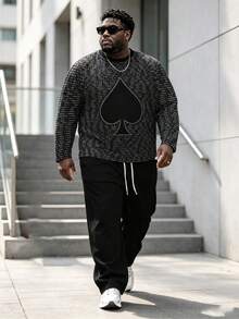 Plus Size Men's 2 Pieces Set, Men's Wide Leg Pants, Long Sleeve Graphic T-Shirt, Streetwear "Text Spade Heart Contrast Print" Pattern Outfit - Polyester Fabric, Drawstring, Pockets, Suitable For Plus Size Body - Black - View 4