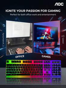 AOC KM100 Keyboard And Mouse Set Is A Great Tool For Gaming. Colorful Backlight Ignites The Gaming Atmosphere. Mechanical Keyboard + Gaming Mouse With Precise Linkage. Splash-Proof Protection. White - White - View 9