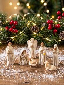 7pcs Christmas Nativity Scene Set, Miniature Jesus Birth Scene Figurines, Holy Family Statue Including Virgin Mary Joseph Baby Jesus Angel Sheep, Religious Christmas Decoration, Miniature Display Ornament For Home, Tabletop, Shelf, Desk Decor - A - View 10
