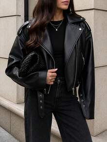 Women's Oversized Faux Leather Biker Jacket With Belt, Zip Detail & Drop Shoulder - Multicolor - View 4