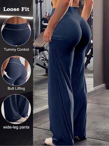 High-Waist Soft Wide-Leg Pants, Slimming And Flattering, Non-See-Through, Suitable For Yoga, Summer Casual Sports And Autumn Wear - Navy Blue - View 2