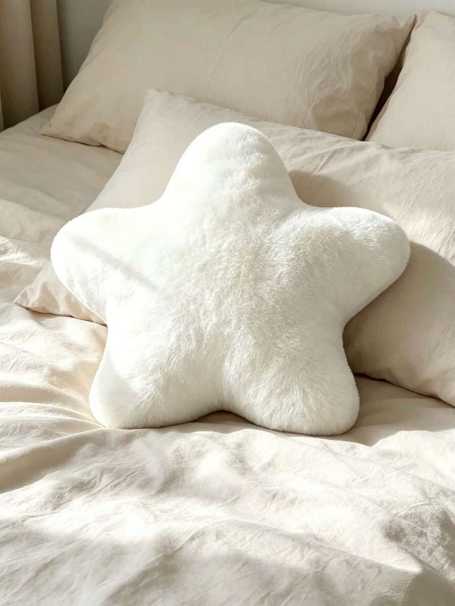 星星抱枕 床/沙發裝飾靠墊 星形毛絨地板墊靠墊 柔軟仿兔毛室內裝飾枕 適用於沙發、臥室、客廳 - 白色 - 查看 1