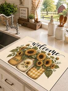 1pc Sunflower Pattern Printed Diatomaceous Earth Kitchen Dish Drying Mat, Absorbent Dish Drying Mat, Coffee Machine Mat, Dishwashing Mat, Sink Mat, Kitchen Countertop Protector, Suitable For Cups, Plates, Tableware And Kitchen Decor - Multicolor - View 2