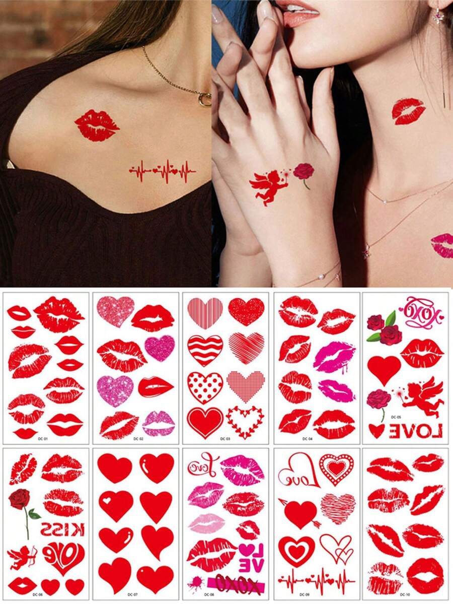 10pcs/Pack Valentine's Day Waterproof Temporary Tattoo Stickers, Red Heart, Lips, Rose Realistic Tattoos, Suitable For Men & Women, For Face, Arms And Body Decoration On Valentine's Day - Multicolor - View 1