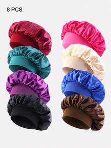 8pcs Women's Multi-Color Satin Wide Brim Sleep Cap Hair Bonnet Suitable For Daily Use - Multicolor - View 8