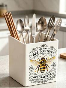1pc "BEE POSITIVE" Multi-Function Storage Organizer - Cutlery Holder, Desktop Organizer (Suitable For Storing Cutlery, Straws, Tea Bags, Pens, Remote Controls); Plastic Material, Compact And Space-Saving, Suitable For Kitchen, Office, Living Room (Please Check Size Before Ordering) - Multicolor - View 5