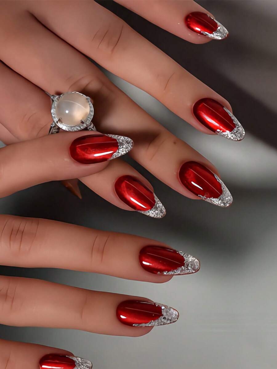 30 Pieces Of Short Almond-Shaped Press-On Acrylic Nail Stickers In Red Cat-Eye Style, With Glitter And French-Style Nail Polish Application Method. Includes Jelly Glue And Nail Files, Nail Accessories. - Multicolor - View 1