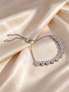 1pc Women's Luxury Heart-Shaped Zirconia Bracelet, Adjustable Elegant Lightweight Jewelry, Suitable For Banquet, Party, Date, Vacation, Gift For Her - Silver - View 8