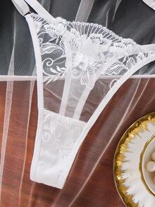 1 Set 2pcs Luxury White Floral Embroidered Sheer Mesh Bra & Panty Set, Comfortable Daily Women's Lingerie - White - View 5