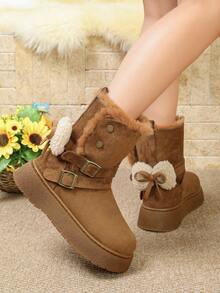 Women Solid‑Color Faux‑Suede Mid‑Calf Platform Boots, Plush‑Trim Cuff, Dual Buckle‑Straps With Metal‑Stud & Heel Furry Bow Decor - Khaki - View 6