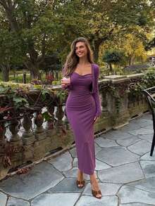 Elegant Long Sleeve Cardigan & Camisole Slim Fit Flattering Dress Set - Purple - View 2