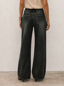 Women Mid‑Rise Vintage Washed Wide Leg Jeans, Dark Grey Loose Floor‑Length Denim Trousers, Retro Street Style For Casual Holiday Daily Outfits Boho - Grey - View 5